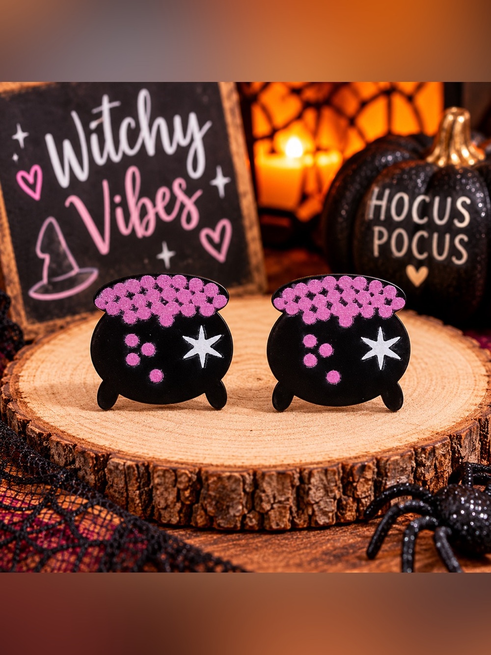 Witch Cauldron Stud Earrings Black & Pink Spooky Halloween Earrings